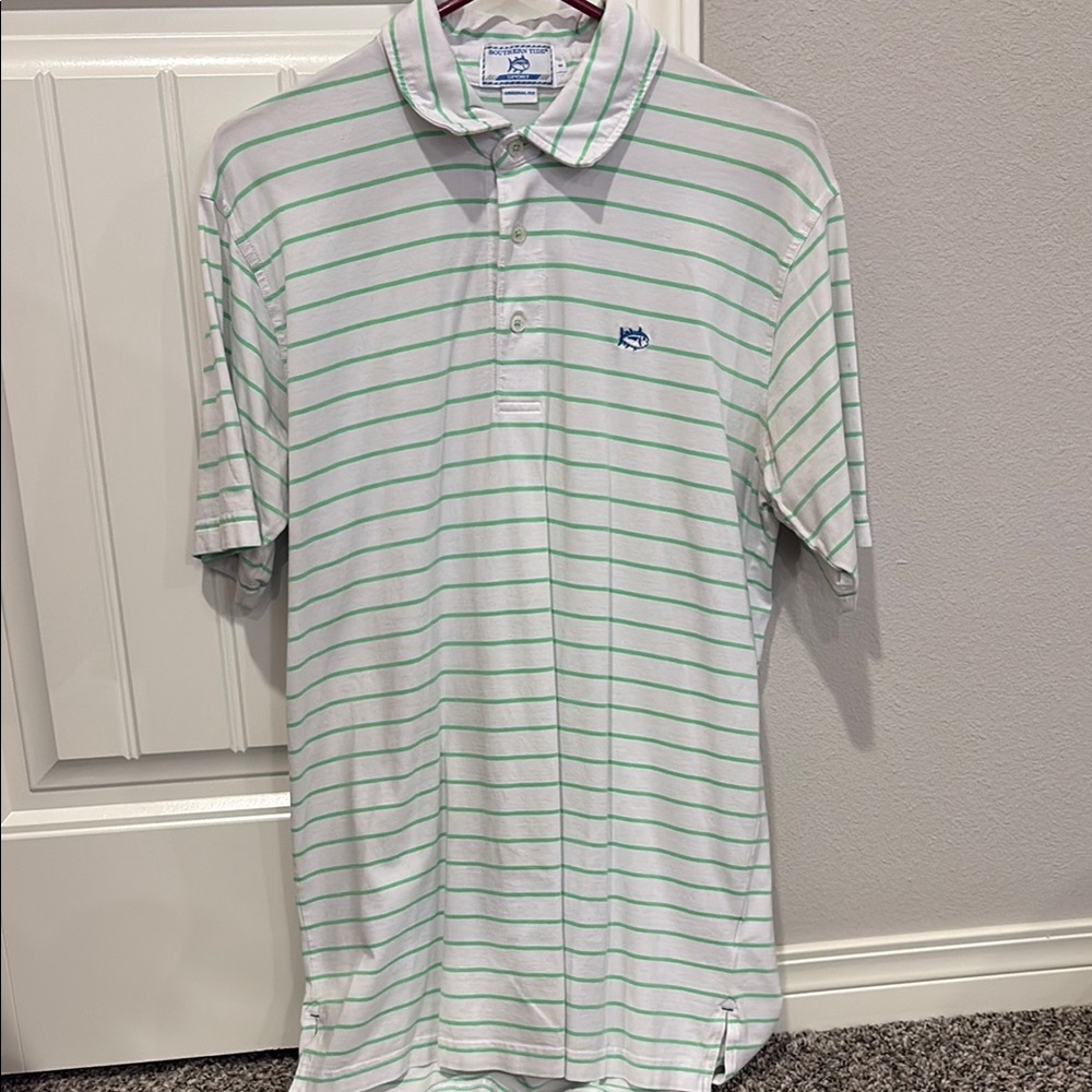Southern Tide Sport Soft Green and White Striped Polo Shirt